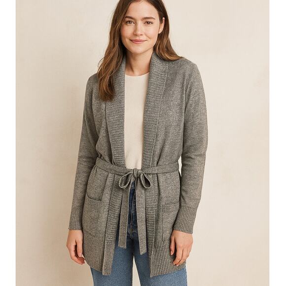 Isaac Mizrahi SZ M 100% Cashmere Sweater–Shawl Collar-Waist Tie-Pockets-Gray - Picture 1 of 5